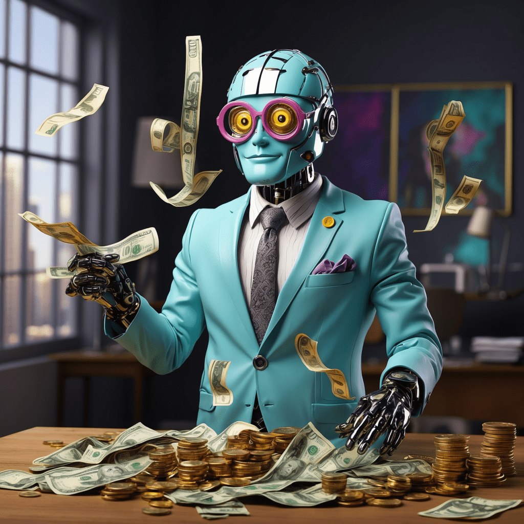 Illustration of a robot dressed in a business suit juggling money, symbolizing the balance of a mixed economy