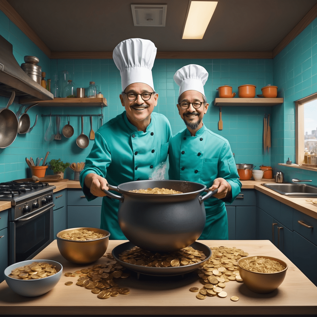 Two chefs in a kitchen, joyfully stirring a large pot filled with golden coins, symbolizing the blend of capitalism and socialism in a mixed economy