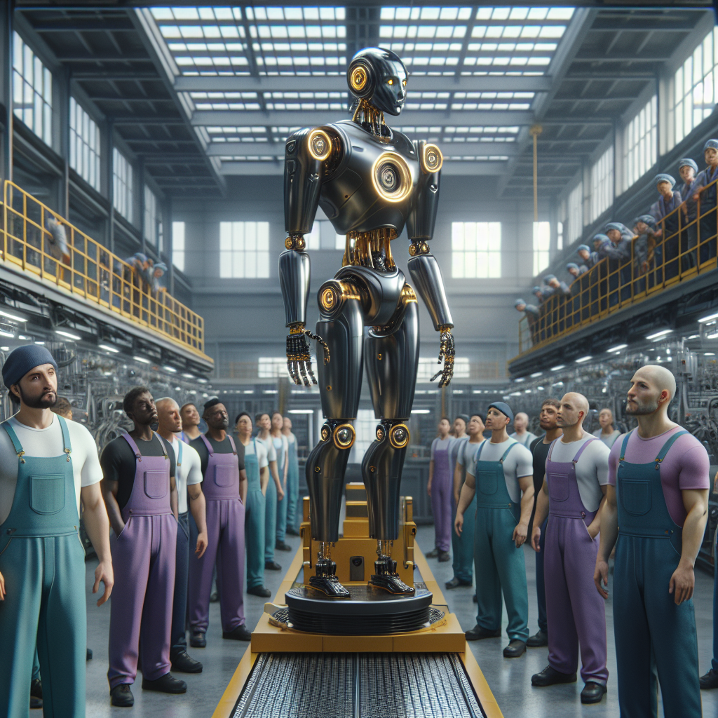 A group of diverse workers in a factory observing a highly advanced robot standing on a platform, symbolizing the displacement of human labor by automation