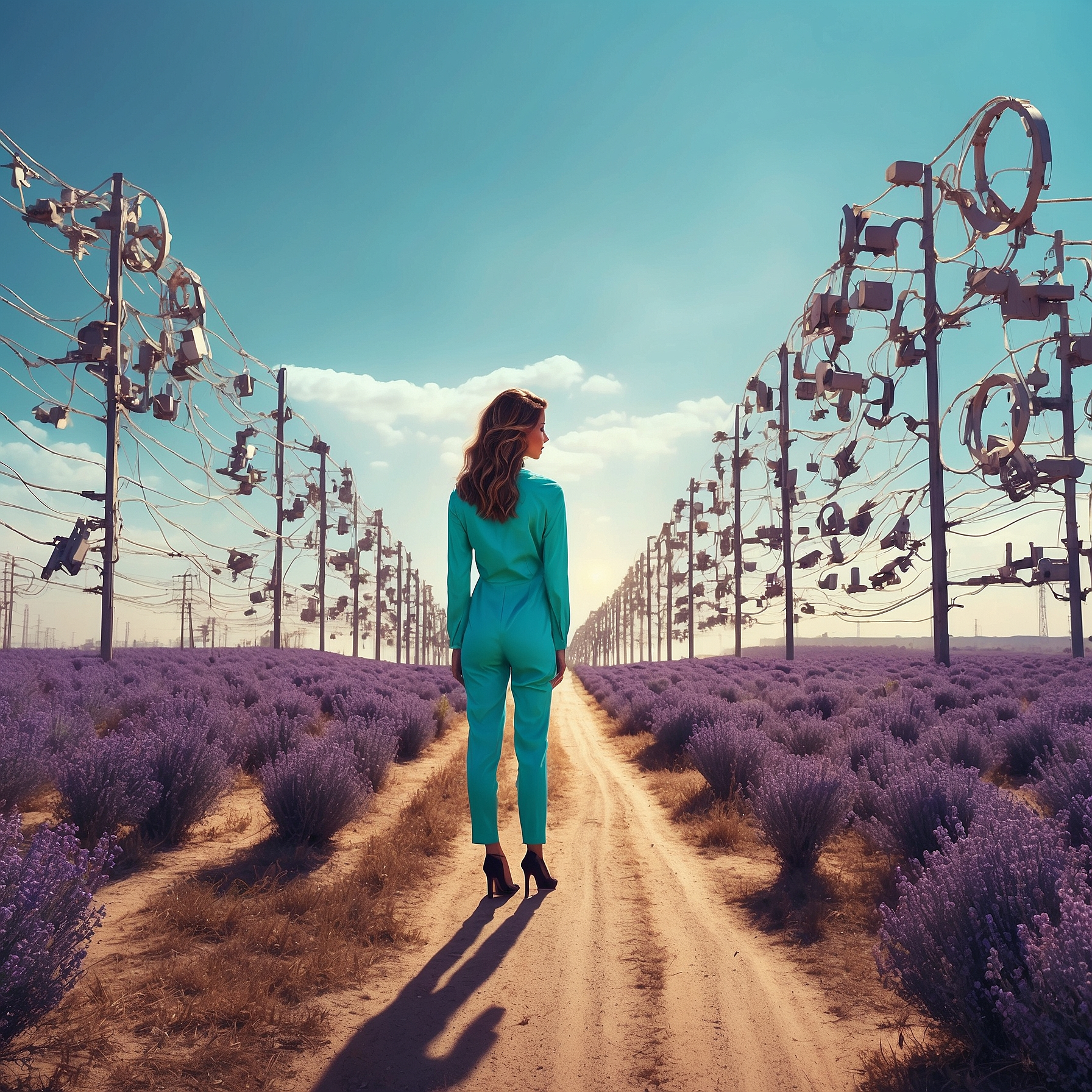 A woman in a teal suit walking down a lavender field path, surrounded by towering assembly lines of microphones illustrating the concept of comparative advantage in production.