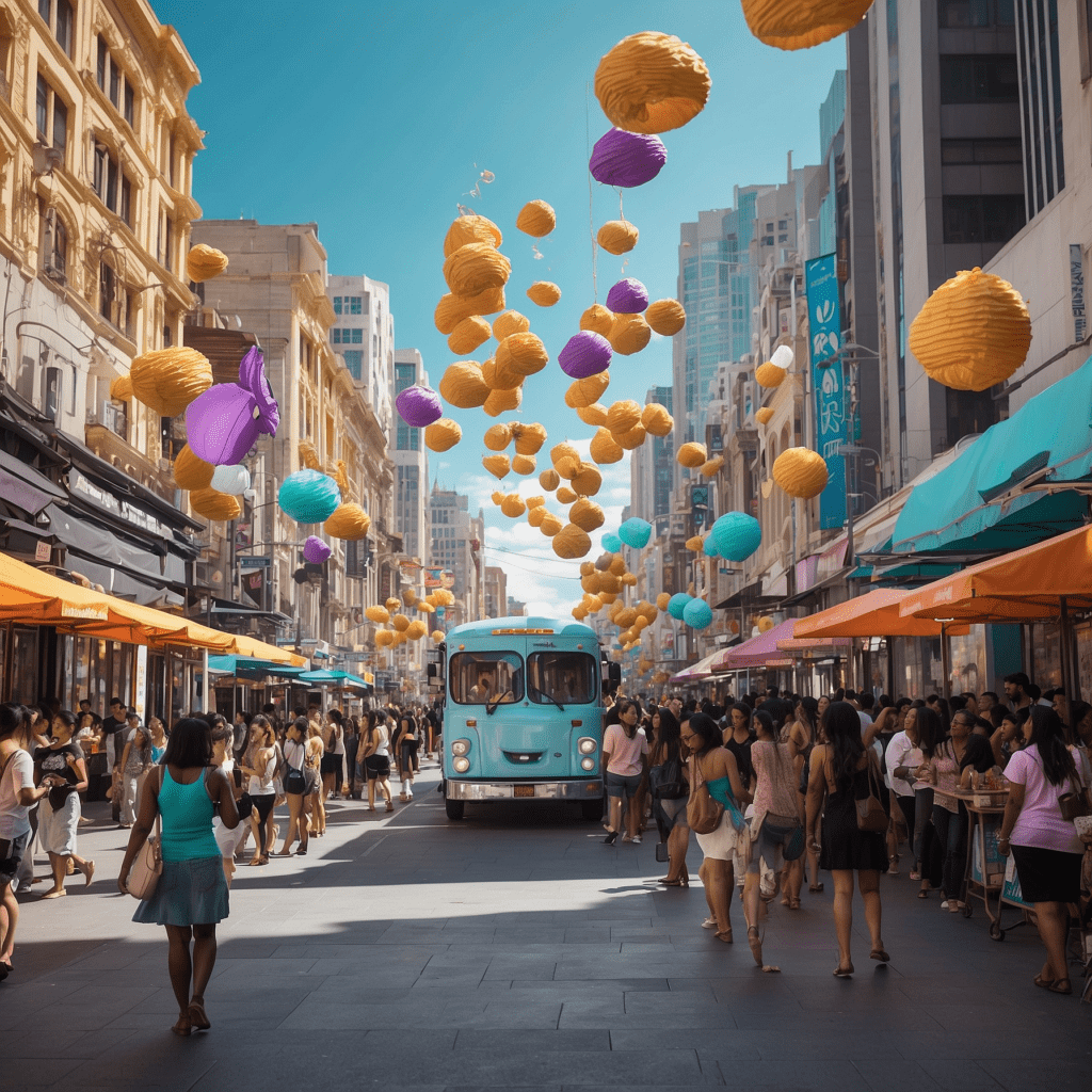 Busy urban street bustling with people, adorned with colorful hanging decorations and a vintage blue tram in the center