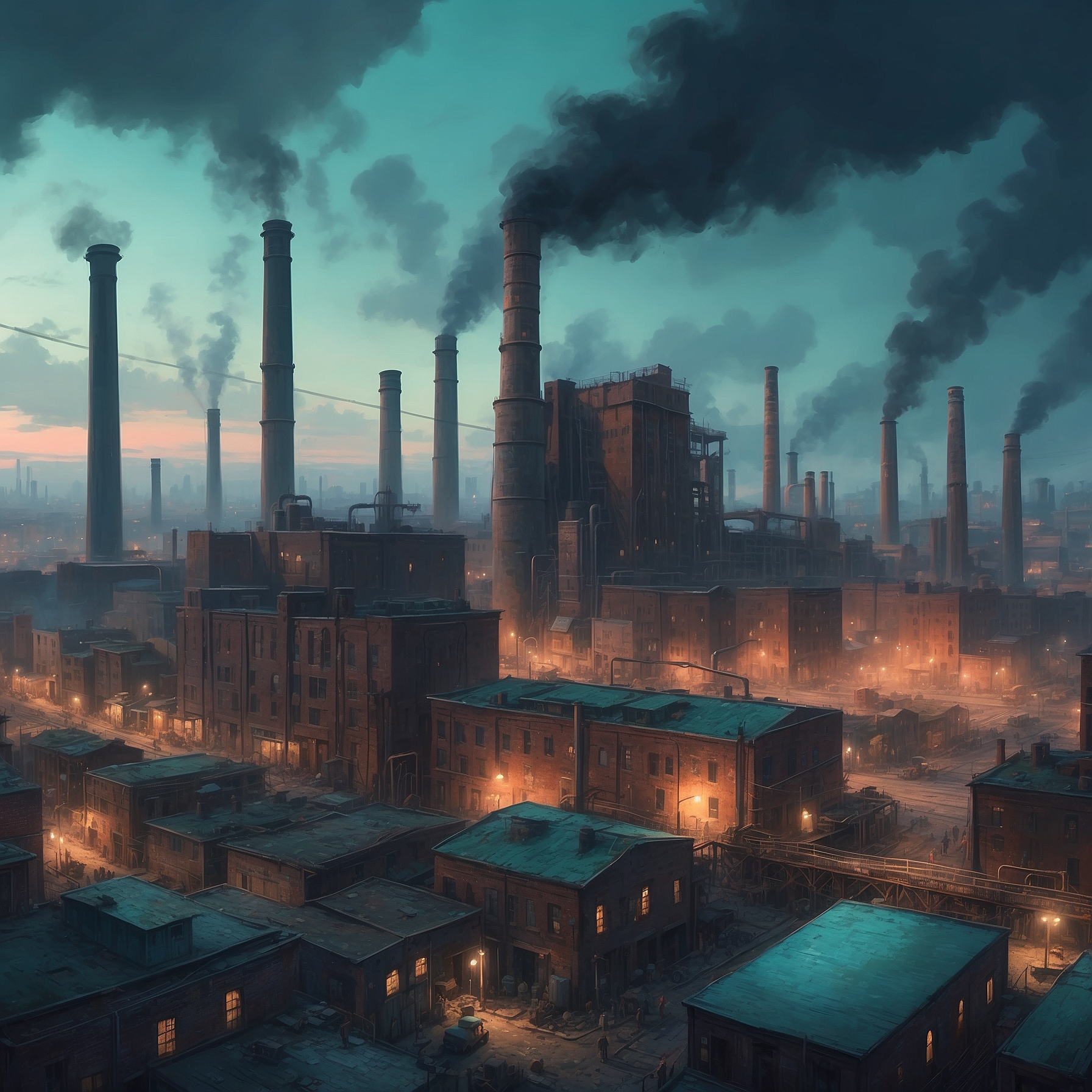 An atmospheric illustration of a dense industrial cityscape during the Industrial Revolution with multiple smokestacks emitting plumes of smoke