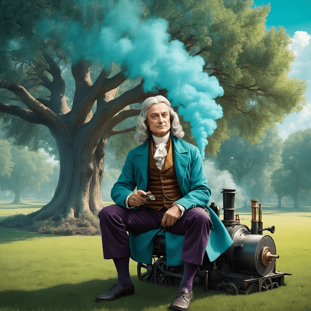 Illustration of Isaac Newton sitting under a tree with a miniature steam train, symbolizing the convergence of scientific discovery and industrial innovation