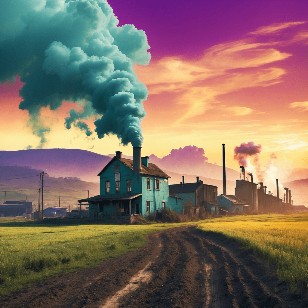 A surreal depiction of the Industrial Revolution with a farmhouse emitting a large plume of smoke against an industrial backdrop under a vibrant sunset