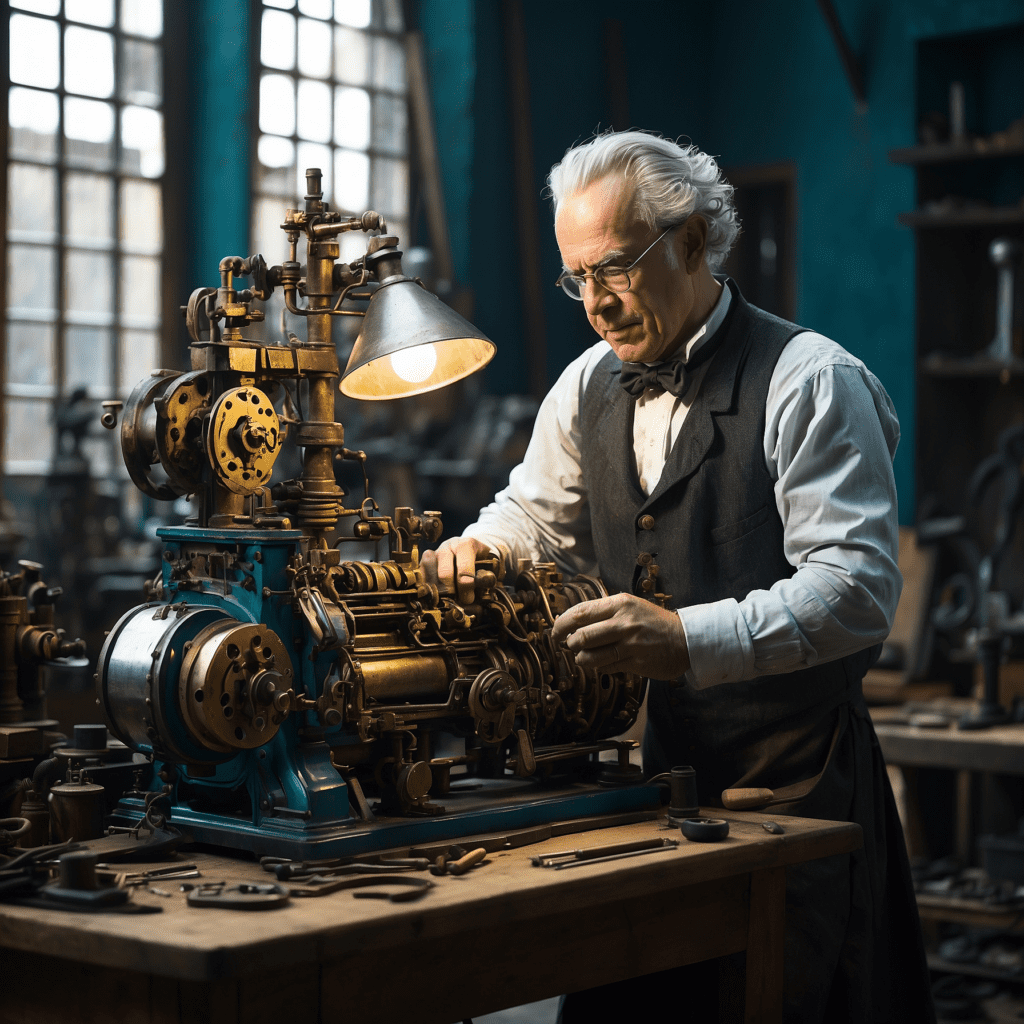 Elderly man working on a steam engine in a vintage industrial workshop