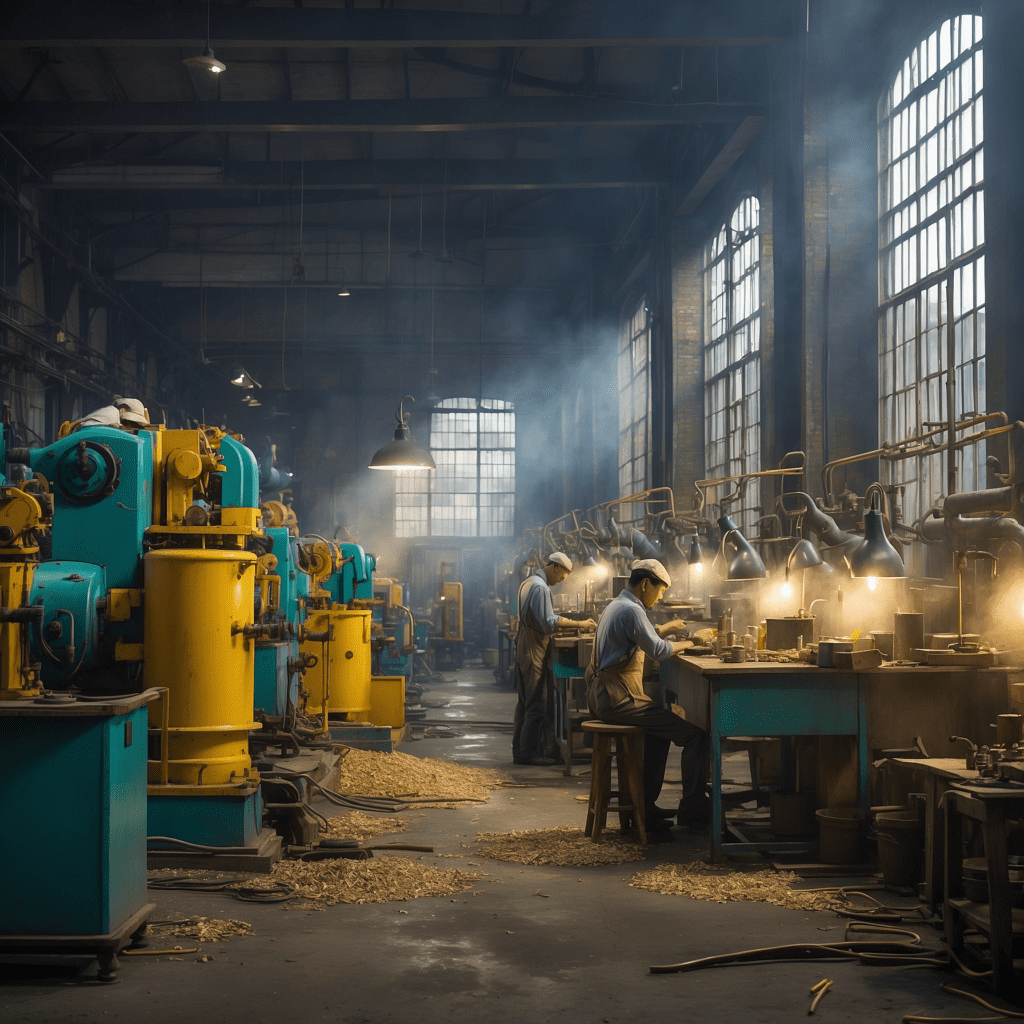 Vintage image of workers operating heavy machinery in a dusty, smoke-filled factory during the First Industrial Revolution