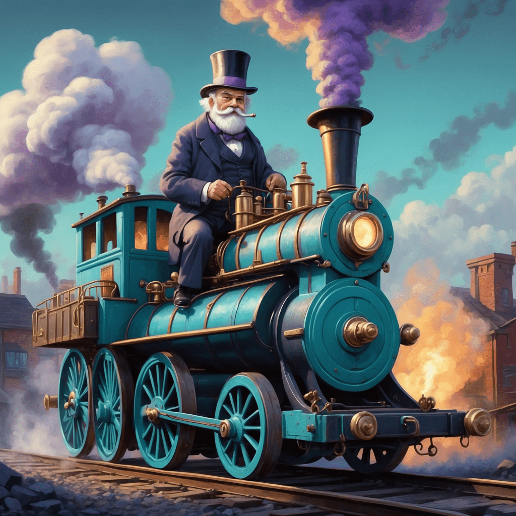 Illustration of a gentleman in a top hat driving a steam locomotive through an industrialized cityscape