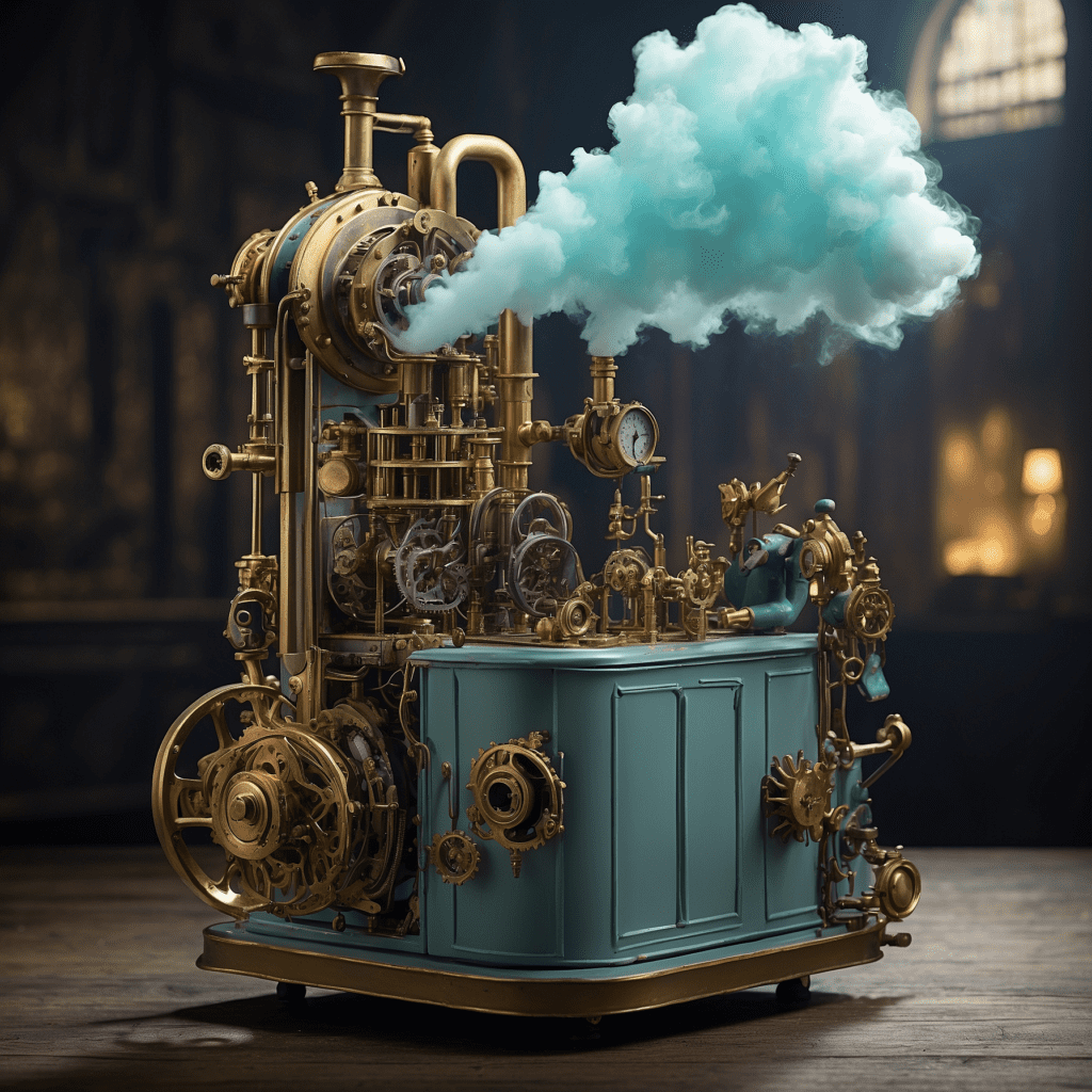 Illustrative steam machine emitting blue smoke, embodying the spirit of the First Industrial Revolution