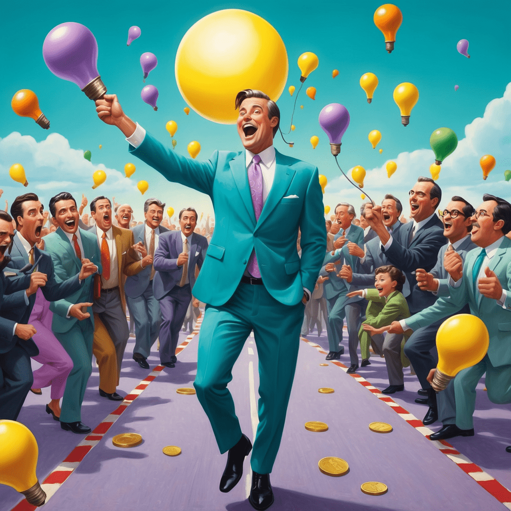 Illustration of a jubilant businessman holding a giant yellow lightbulb amidst a crowd of cheering men, symbolizing innovation and competition in a free market