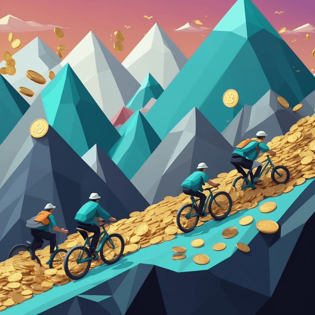 Cyclists riding bikes on a trail of gold coins through stylized mountain peaks under a golden coin rain