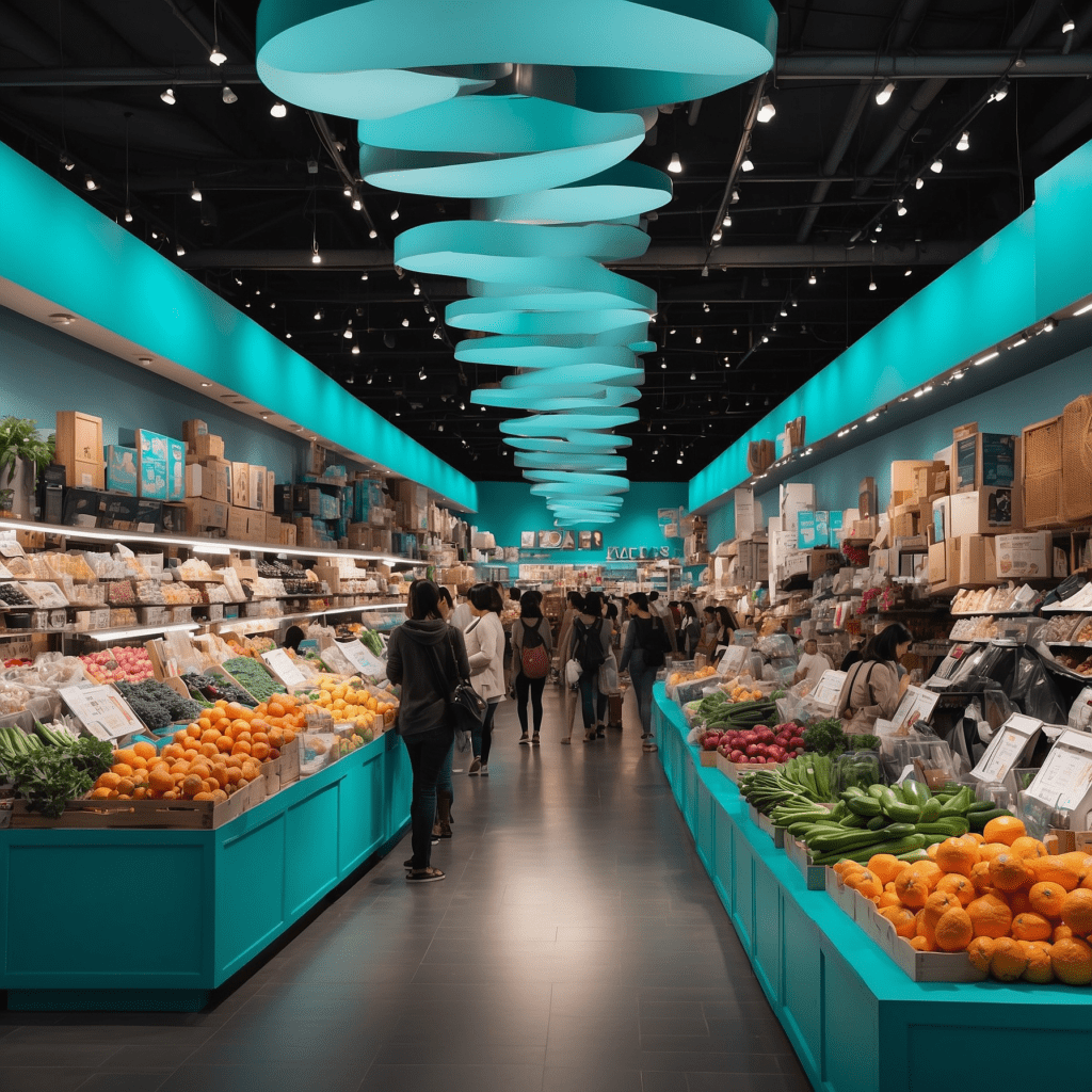 Modern supermarket interior filled with diverse people shopping among vibrant displays of fresh produce