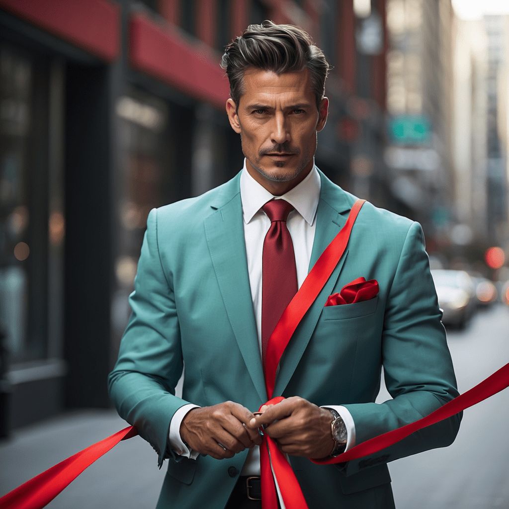 Businessman in a teal suit cutting a red ribbon in a city setting, symbolizing the removal of bureaucratic barriers