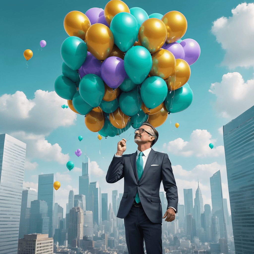 Businessman lifted by colorful balloons in a cityscape, symbolizing innovation and profit potential in a free enterprise system