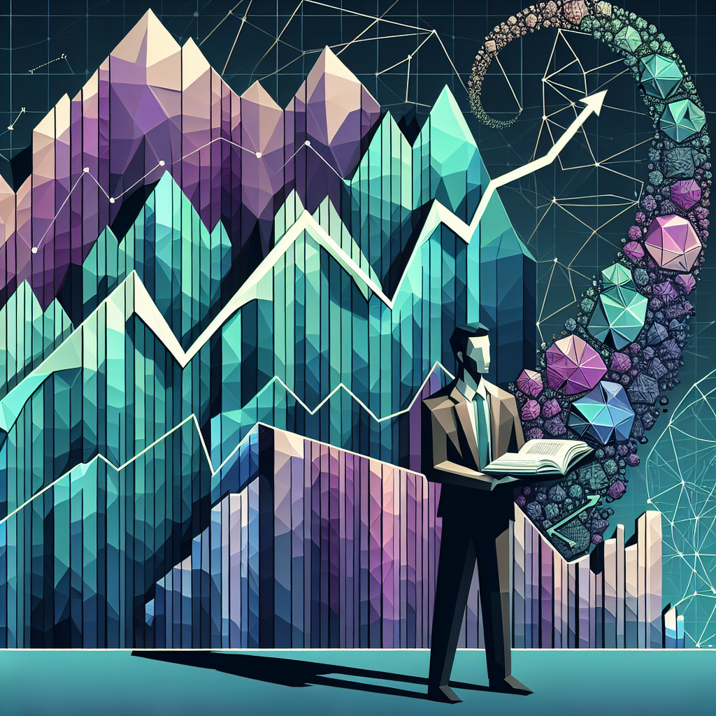 Illustration of a person reading a book with a backdrop of colorful low-poly style mountains and upward trending graphs, symbolizing the success potentials in a free enterprise economy