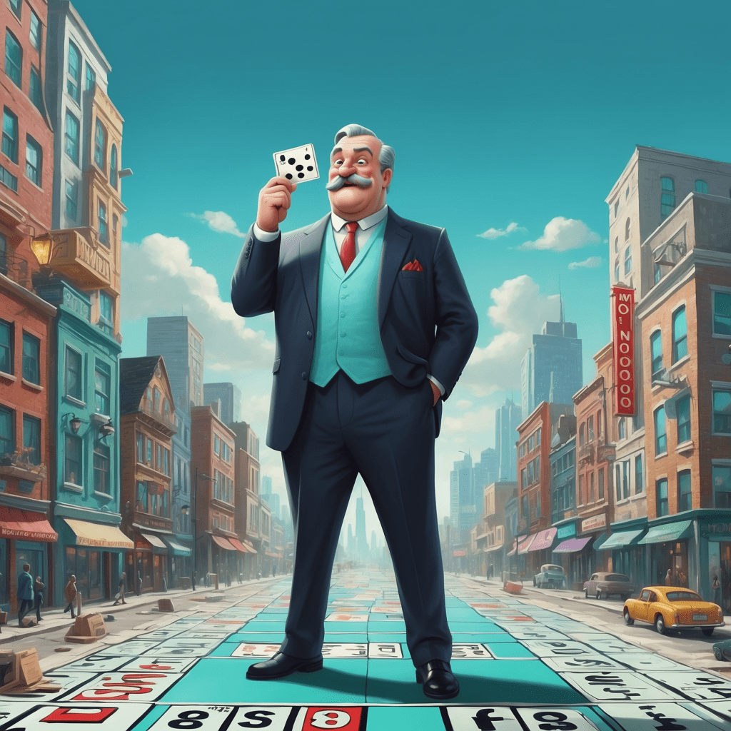 Illustration of a man in a business suit holding two dice, standing on a giant Monopoly board that is overlaid on a city street