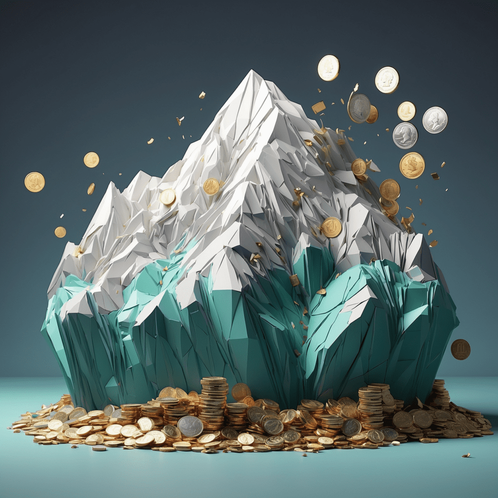 Low-poly illustration of a large mountain with coins falling and accumulating around its base, symbolizing inequitable wealth distribution in a free market economy.