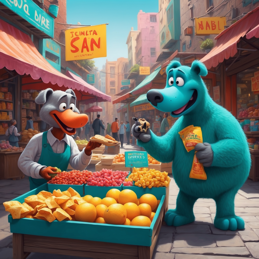 Animated duck merchant selling fruits to a blue bear in a bustling market street