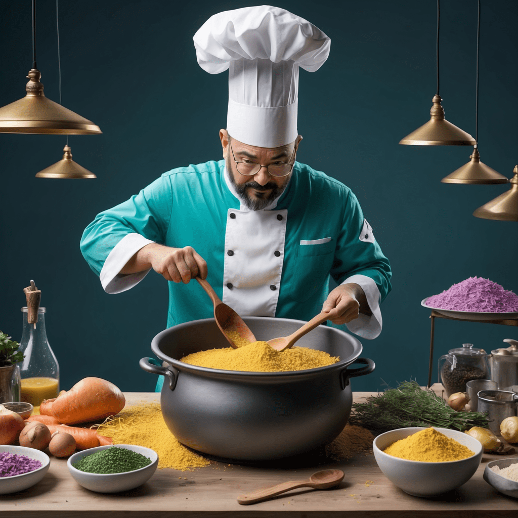 Chef in a turquoise uniform stirring a large pot, symbolizing government control in a command economy