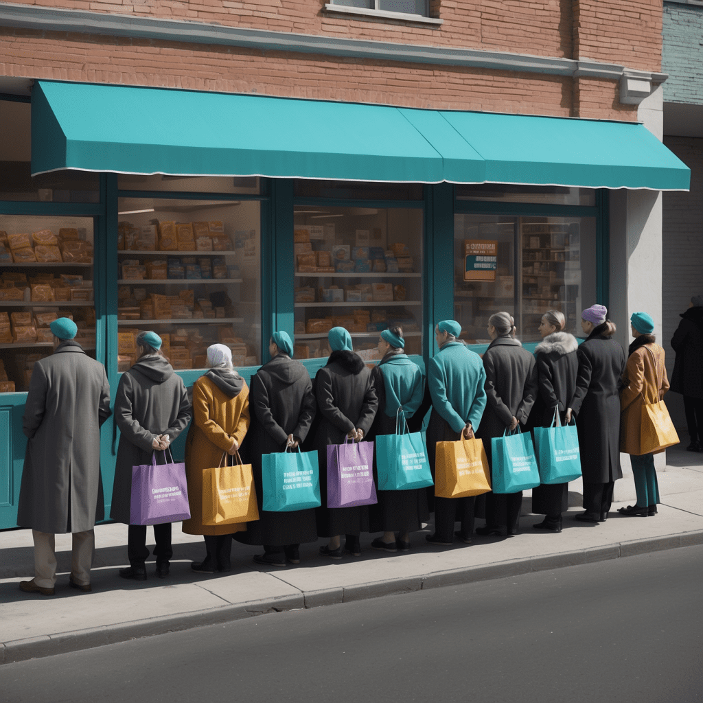 A line of people with colorful shopping bags standing outside a grocery store, depicting limited consumer choice in a command economy