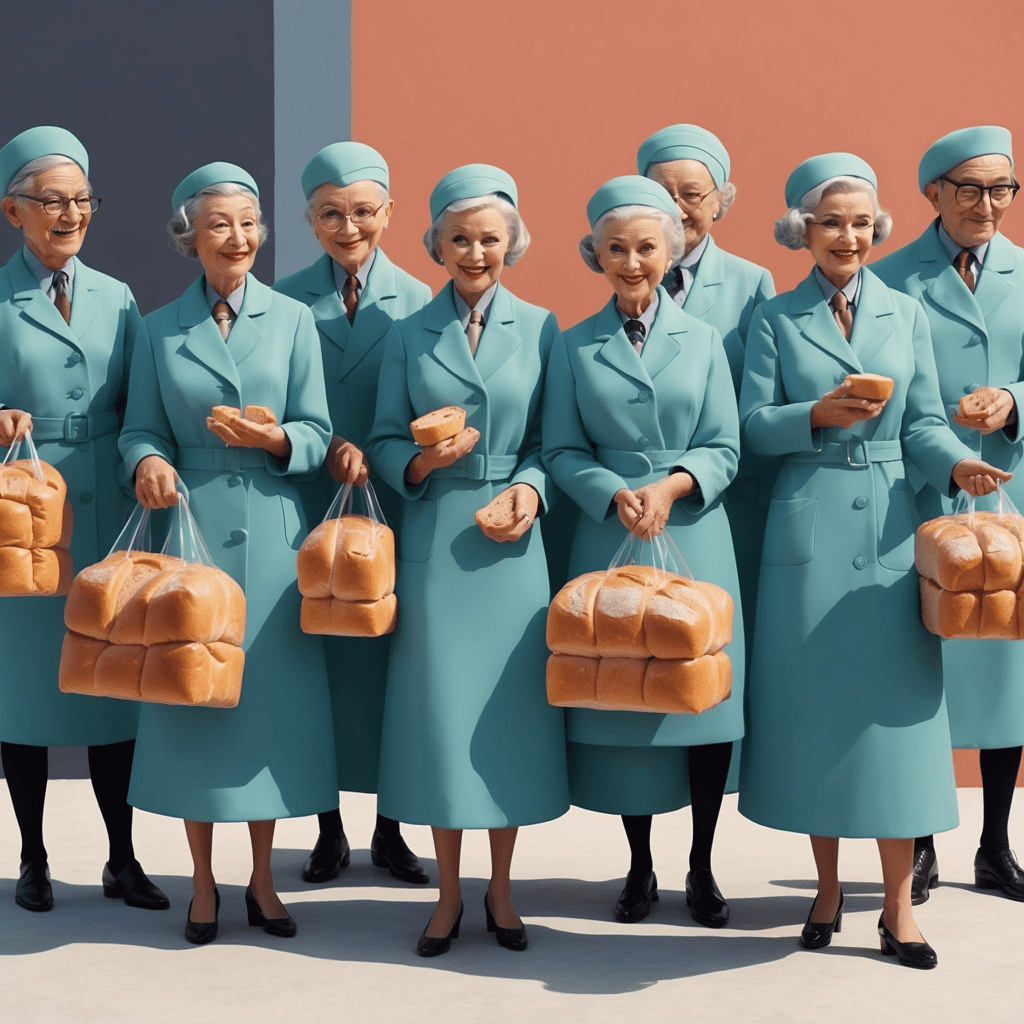 Illustration of multiple identical elderly men and women in teal uniforms, happily holding bread loaves, symbolizing uniformity in a command economy