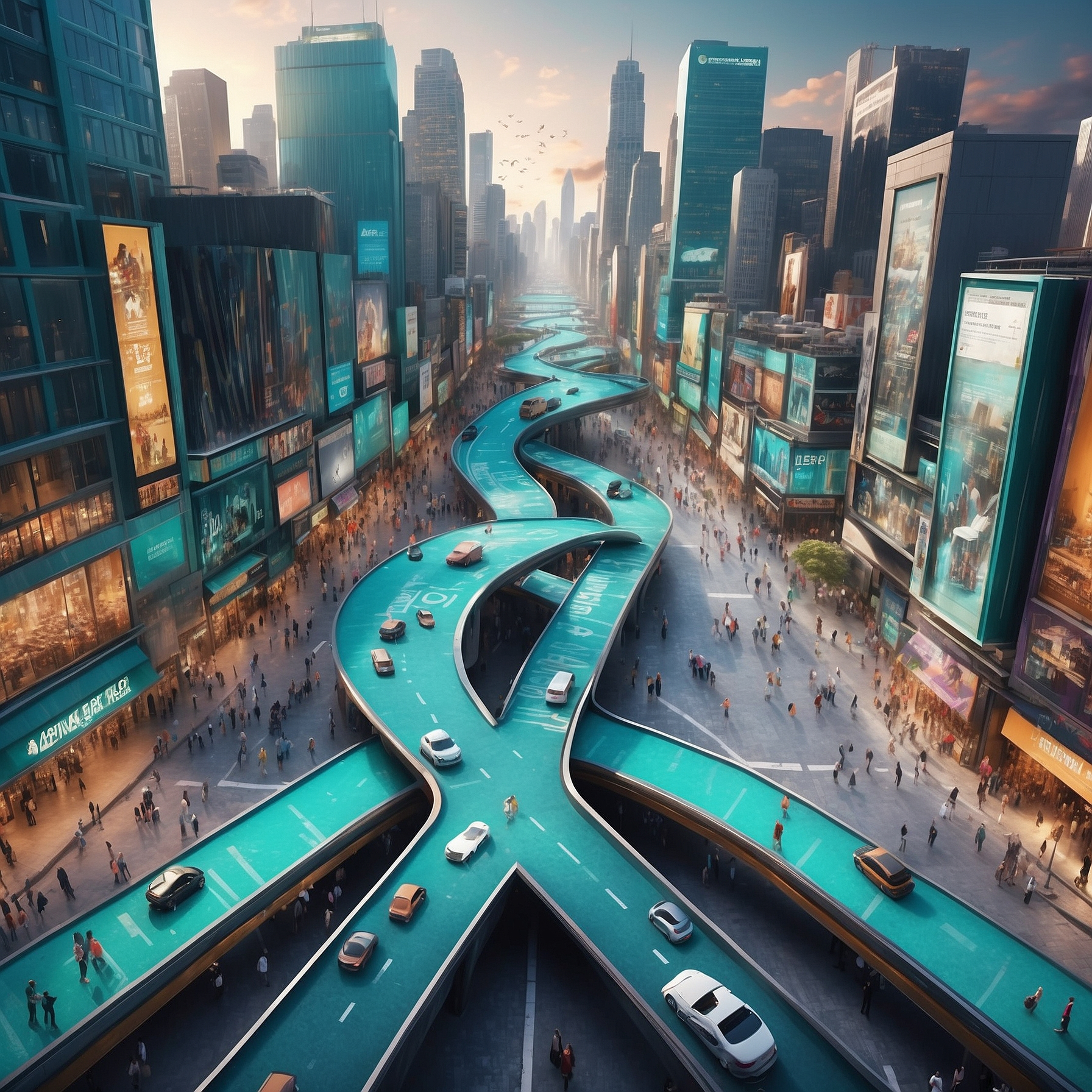 Futuristic urban landscape with elevated, winding roads splitting into distinct paths, symbolizing divergent business strategies in LME and CME economies.