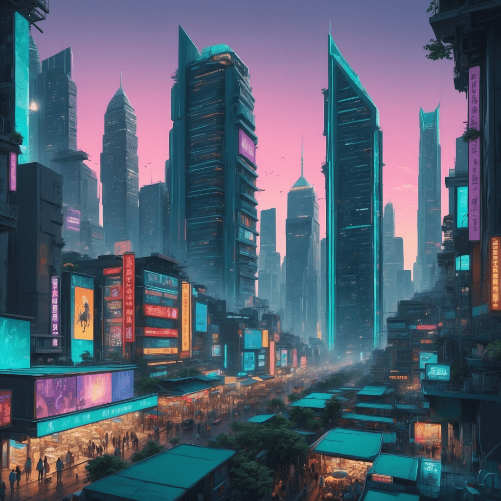 Illustration of a bustling futuristic cityscape contrasting vivid colors and structured high-rises to symbolize the dynamic Liberal Market Economies and Coordinated Market Economies