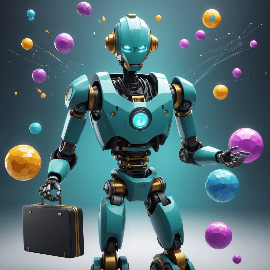 A robot with a futuristic design juggling colorful spheres, representing the dynamic interaction between Liberal and Coordinated Market Economies