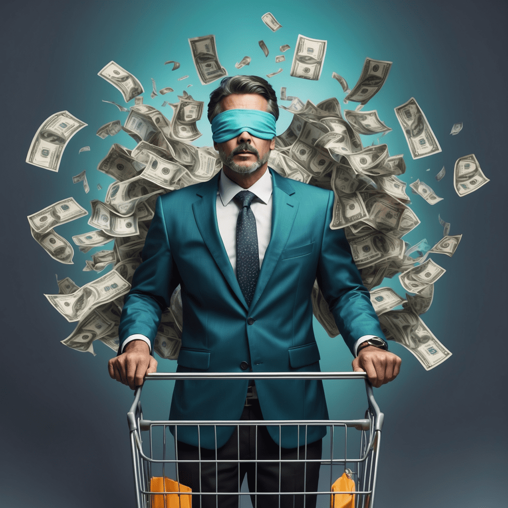 Blindfolded businessman in a shopping cart surrounded by flying dollar bills, symbolizing market unpredictability