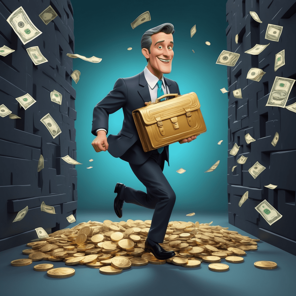 Animated businessman cheerfully running with a briefcase, coins and dollar bills flying around