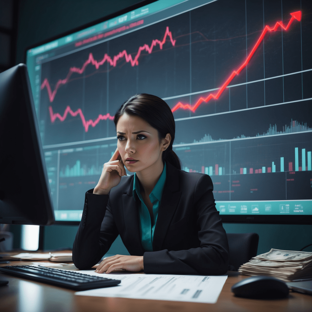 Businesswoman contemplating financial downturns displayed on computer screens