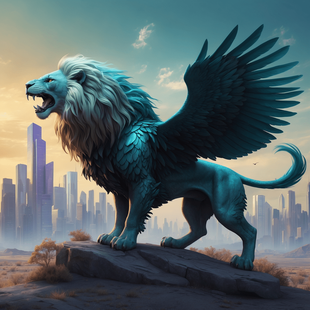 Illustration of a majestic lion with wings standing in a desolate landscape with modern skyscrapers in the background