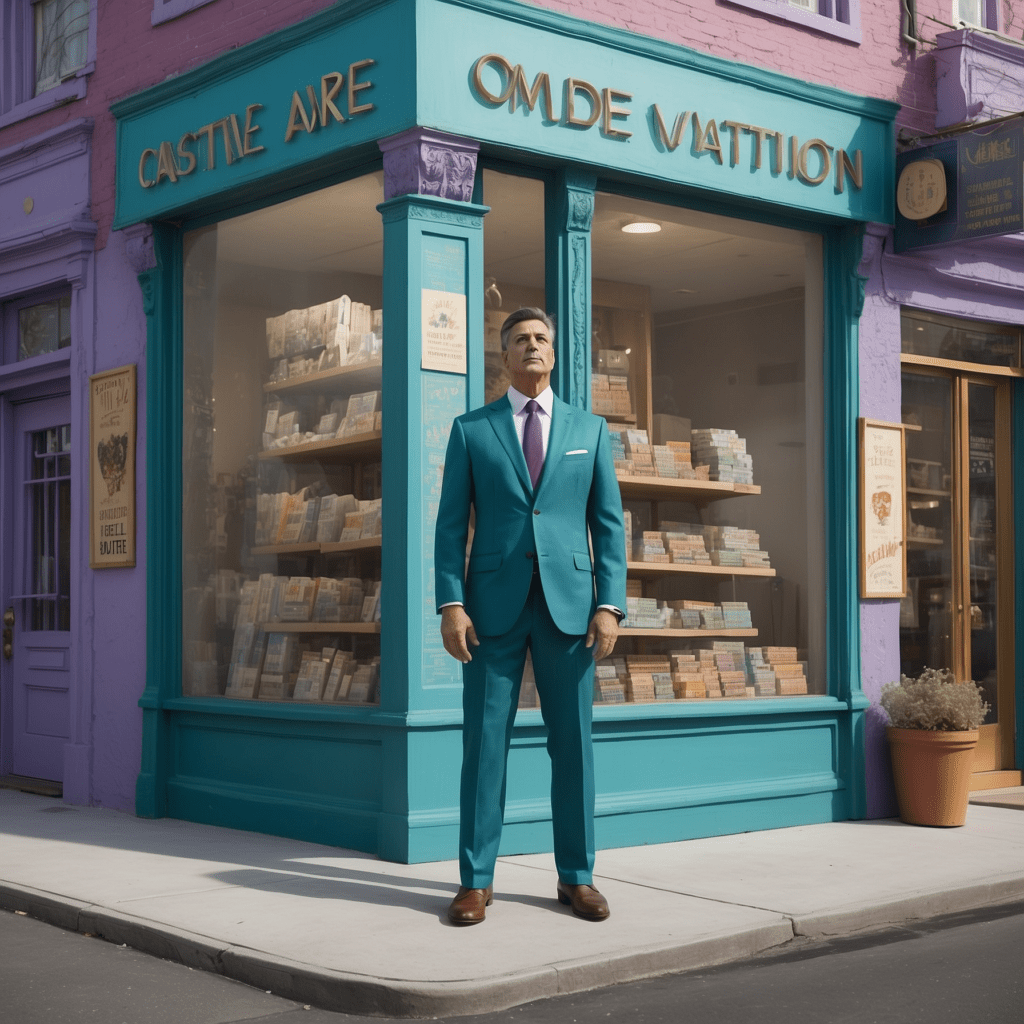 A man in a turquoise suit standing confidently in front of a colorful bookstore facade