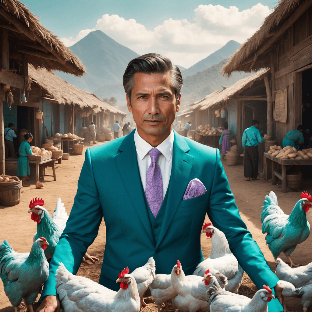 Modern businessman in a sharp suit amidst a traditional market scene with chickens