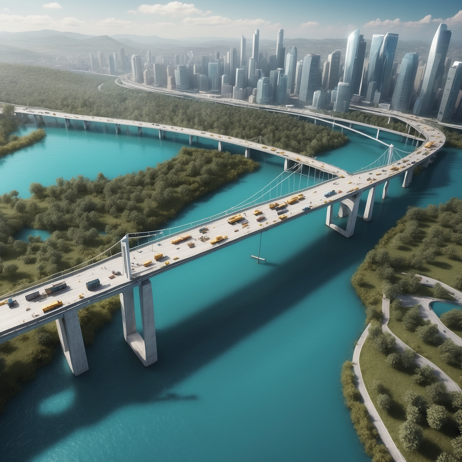 A futuristic bridge efficiently connecting a bustling metropolis with lush greenery across a turquoise river