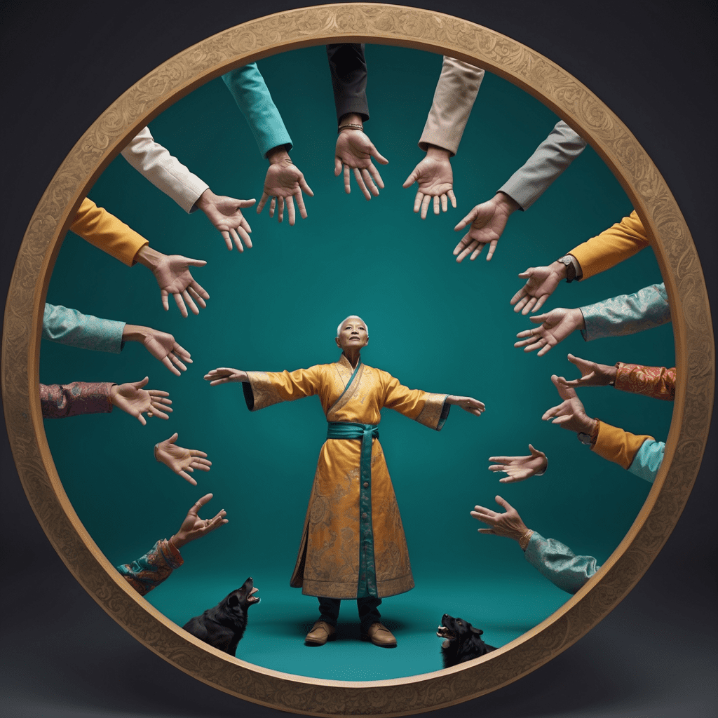 A person in traditional attire stands centered in a circular frame, surrounded by multiple hands reaching towards them, symbolizing isolation in traditional economies