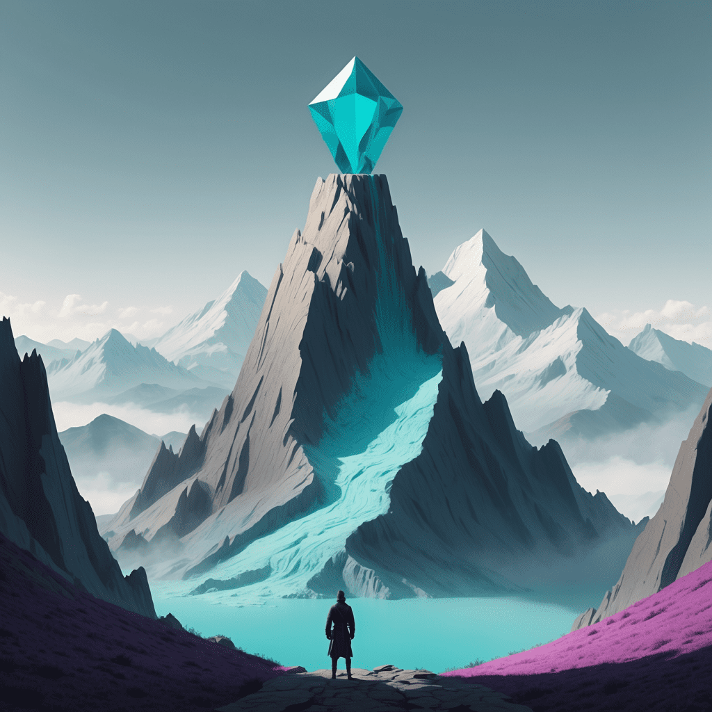 A stylized image showing a towering mountain with a giant crystal on top, illustrating the concept of monopolistic market domination