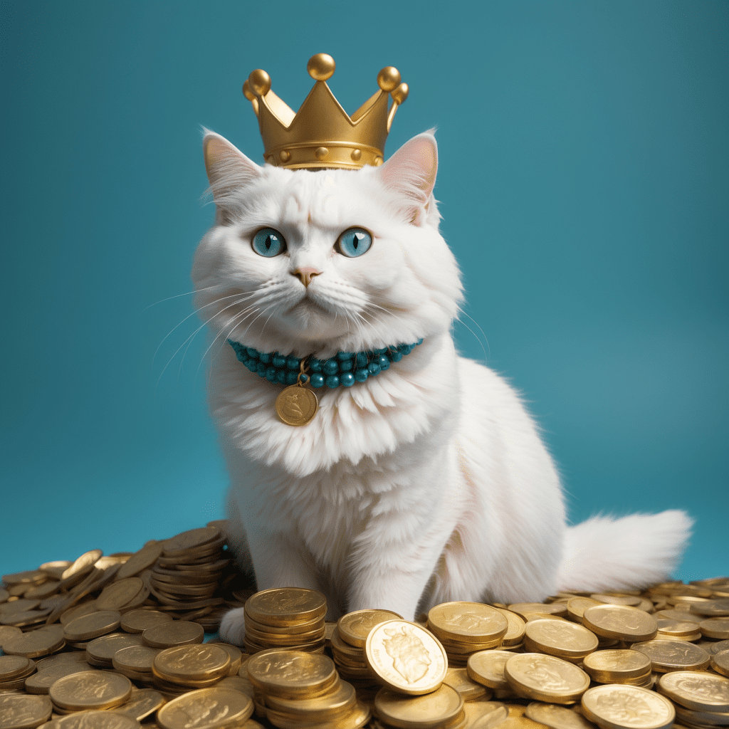 White cat with a crown sitting on a pile of gold coins, symbolizing monopolistic market power