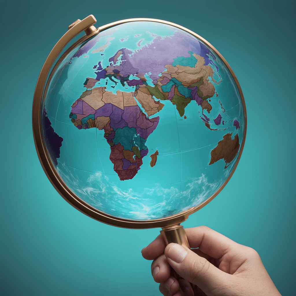 Magnifying glass focusing on a stylized global map to analyze emerging and developing nations