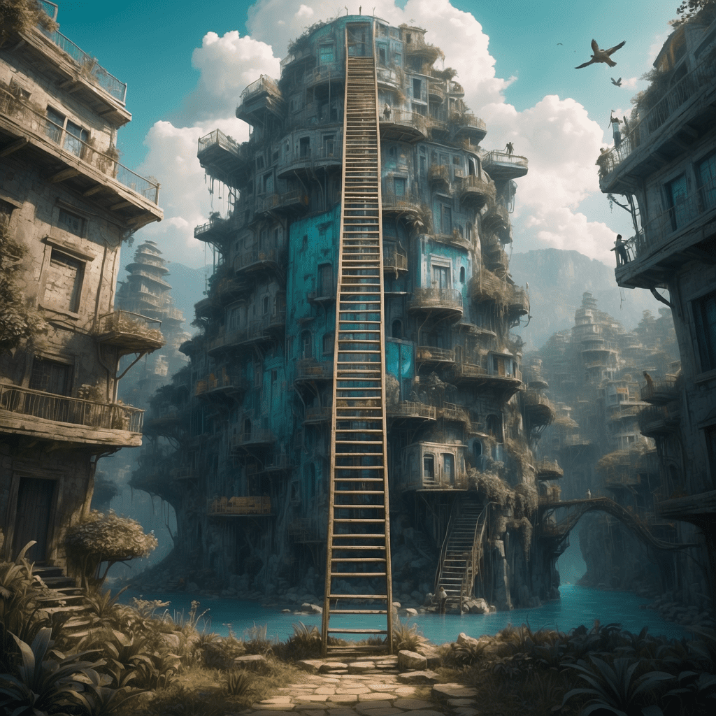 Illustration of a towering, multi-level structure with rustic and lively architectural details surrounded by lush greenery and water