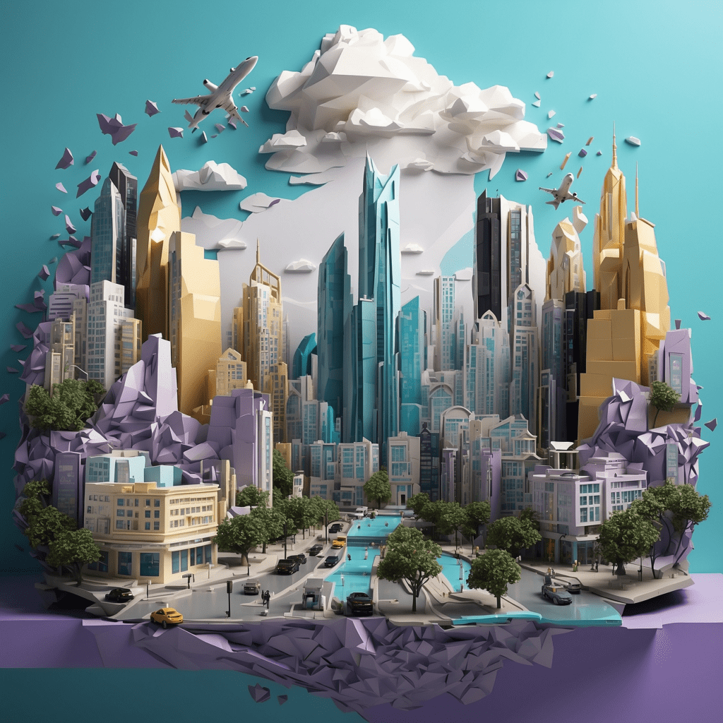 Low-poly style illustration showing a diverse cityscape split into different colored sections representing the integration of private and public sectors in a mixed economy.