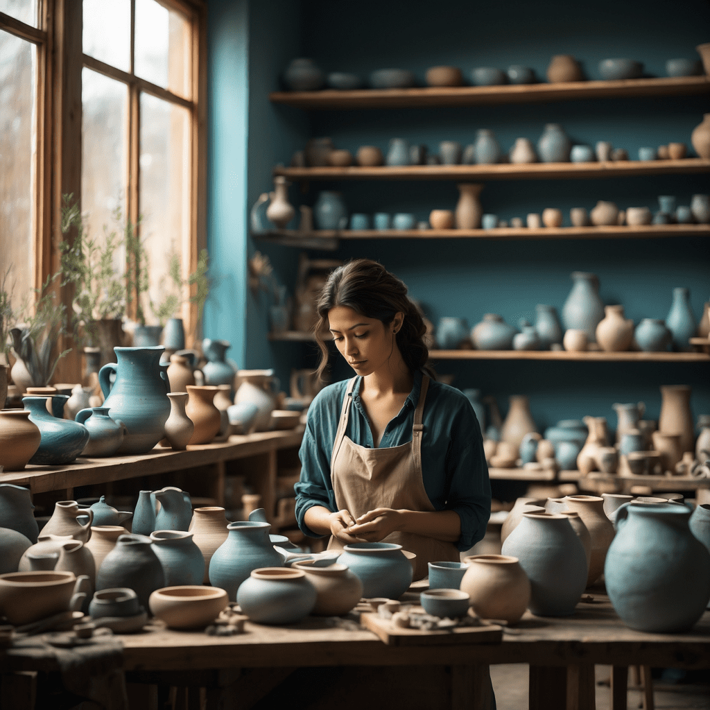 A woman managing ceramics inventory in a workshop