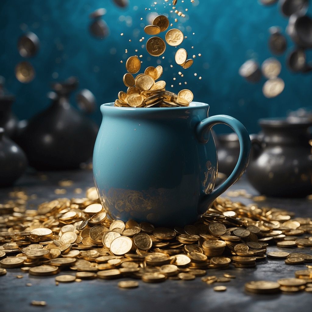 Golden coins spilling from a teal ceramic mug on a table, symbolizing financial liquidity