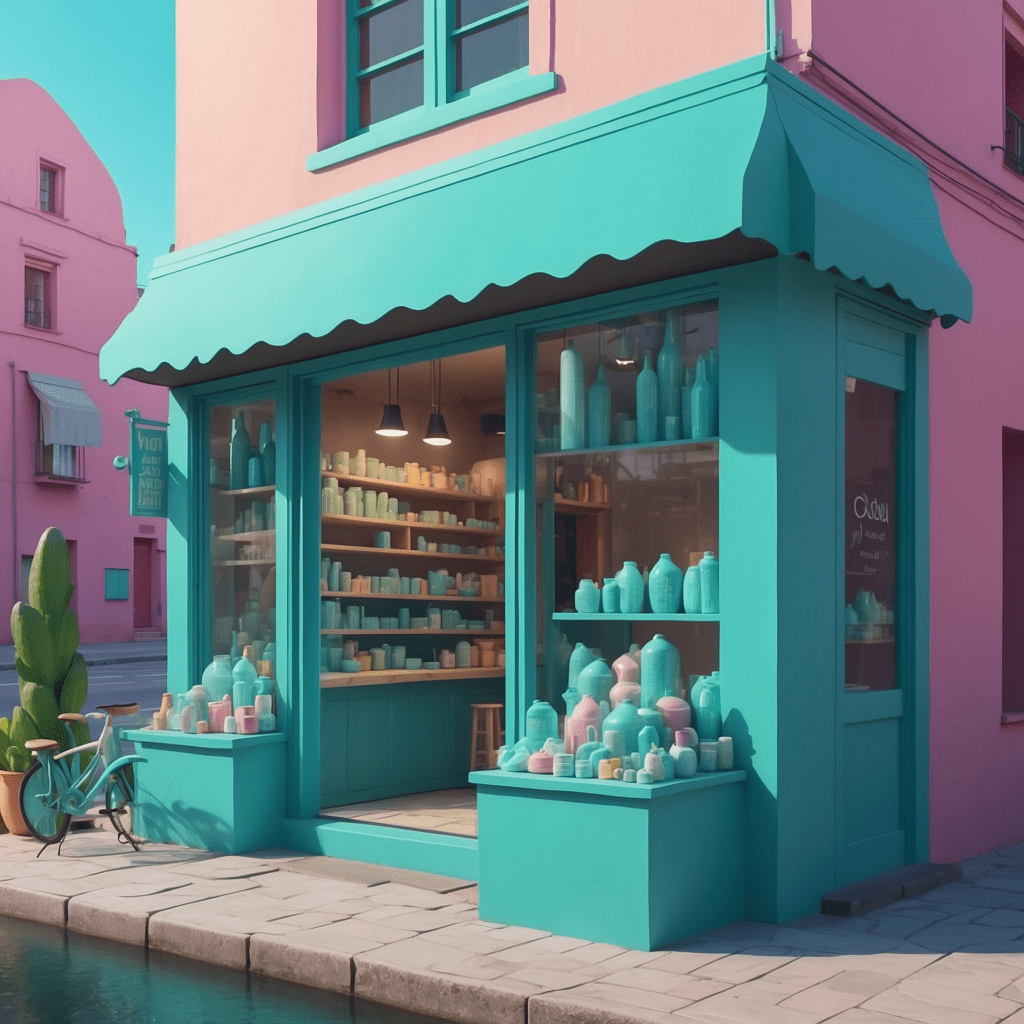 Colorful ceramic shop with turquoise facade, displaying various ceramic goods in a charming street setting