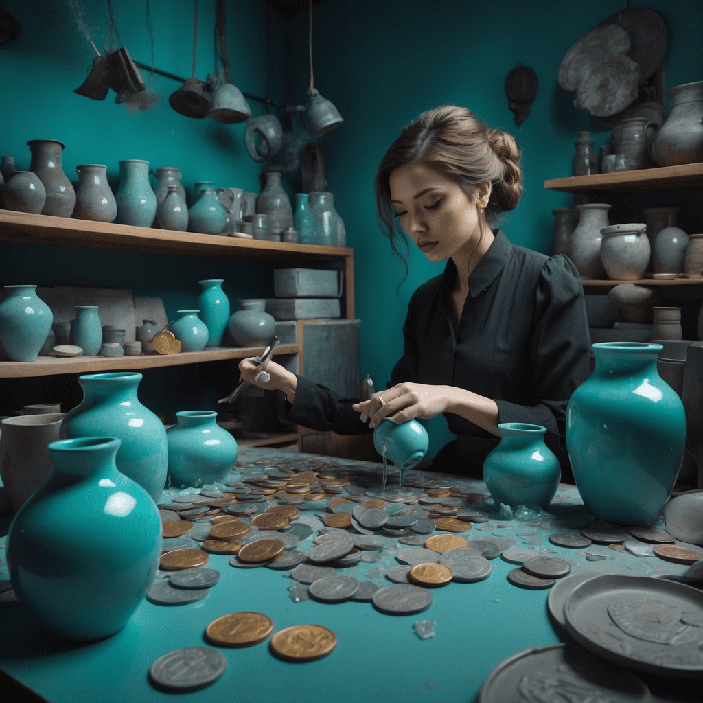 A woman painting a ceramic vase with coins pouring out, surrounded by other ceramics and scattered coins