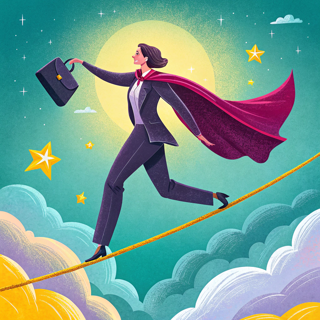 Illustration of a businesswoman with a cape walking on a tightrope above clouds, symbolizing financial management and balance