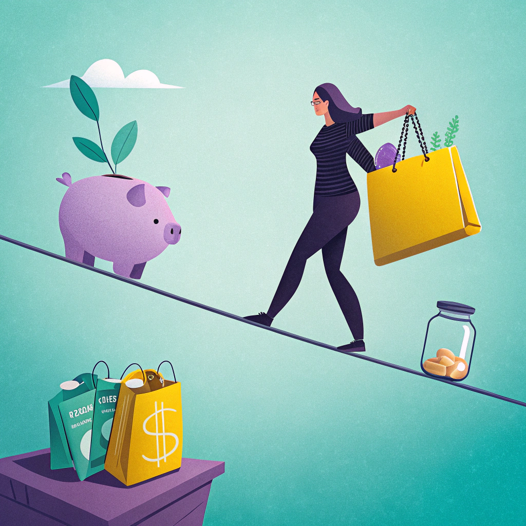 Illustration of a woman balancing on a tightrope with a piggy bank and shopping bags, symbolizing financial stability