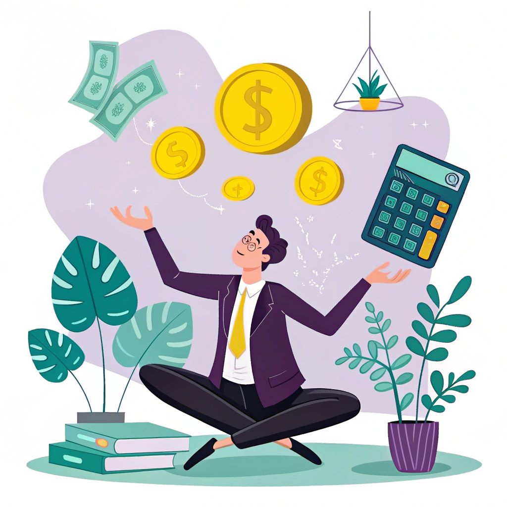 Illustration of a businessman effortlessly managing finances with floating coins and a calculator