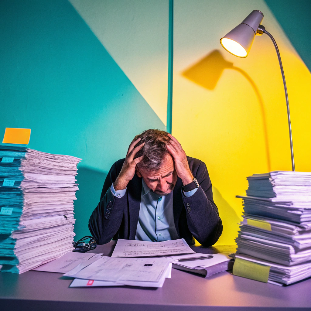 Stressed businessman with head in hands surrounded by piles of paperwork under desk lamp