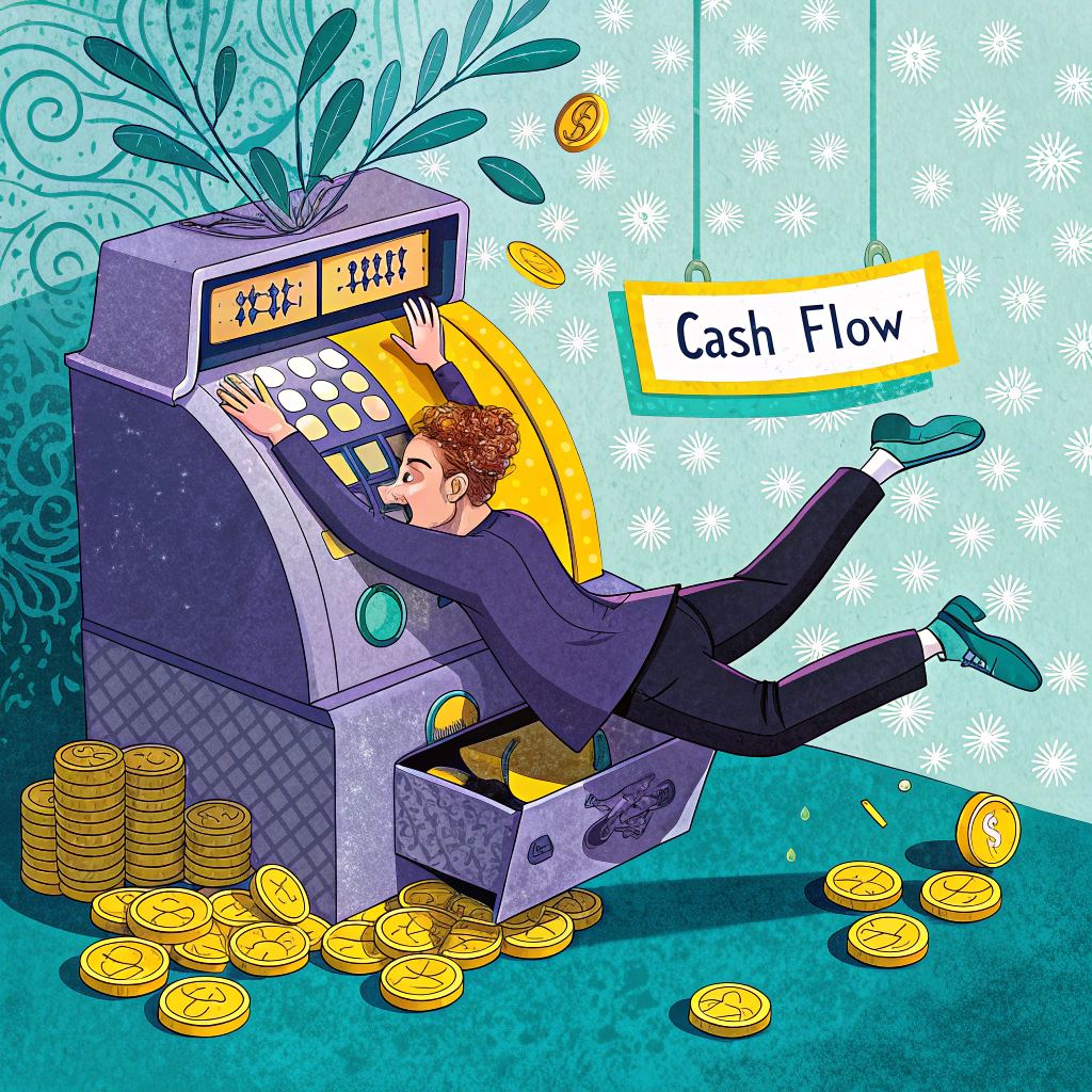 Illustration of a man leveraging a large cash register overflowing with coins, symbolizing proactive cash flow management in business