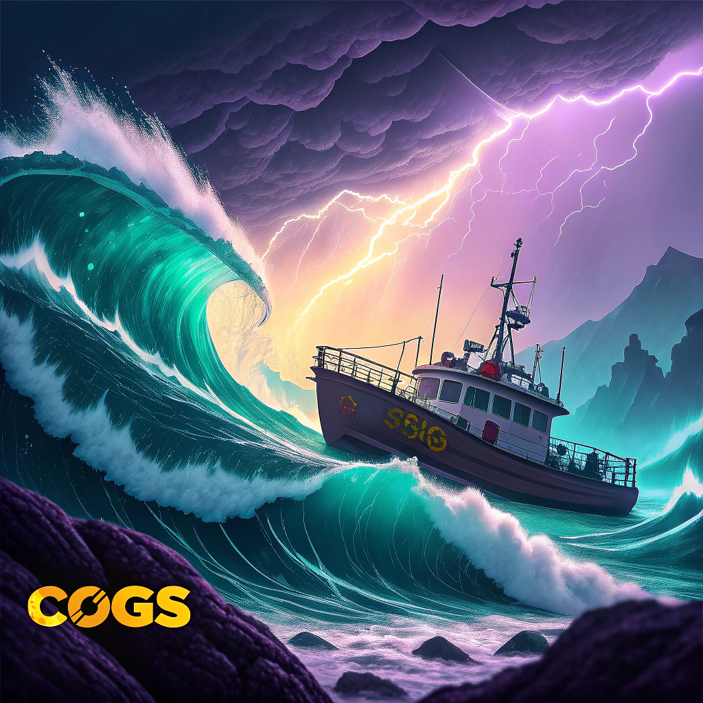 Illustration of a fishing boat navigating through towering waves beneath a stormy sky, symbolizing financial challenges and navigation